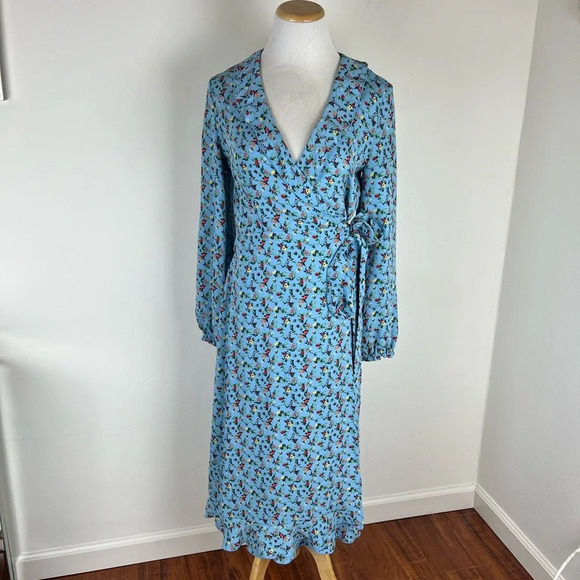 Aritzia Little Moon Elm Blue Floral Wrap Midi Dress Cottagecore Prairie B13 - Picture 5 of 10